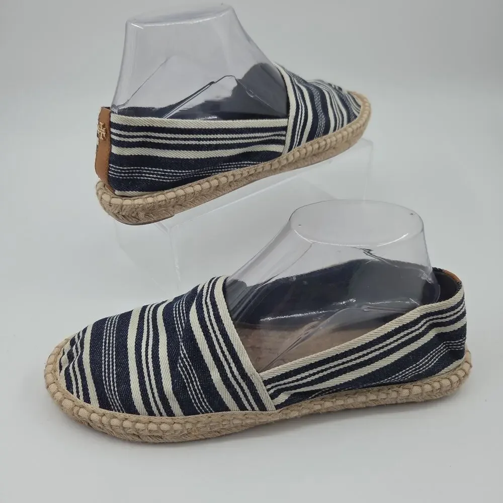 Tory Burch Espadrille Flats 9 Navy White Stripe Canvas Slip On Coastal Preppy